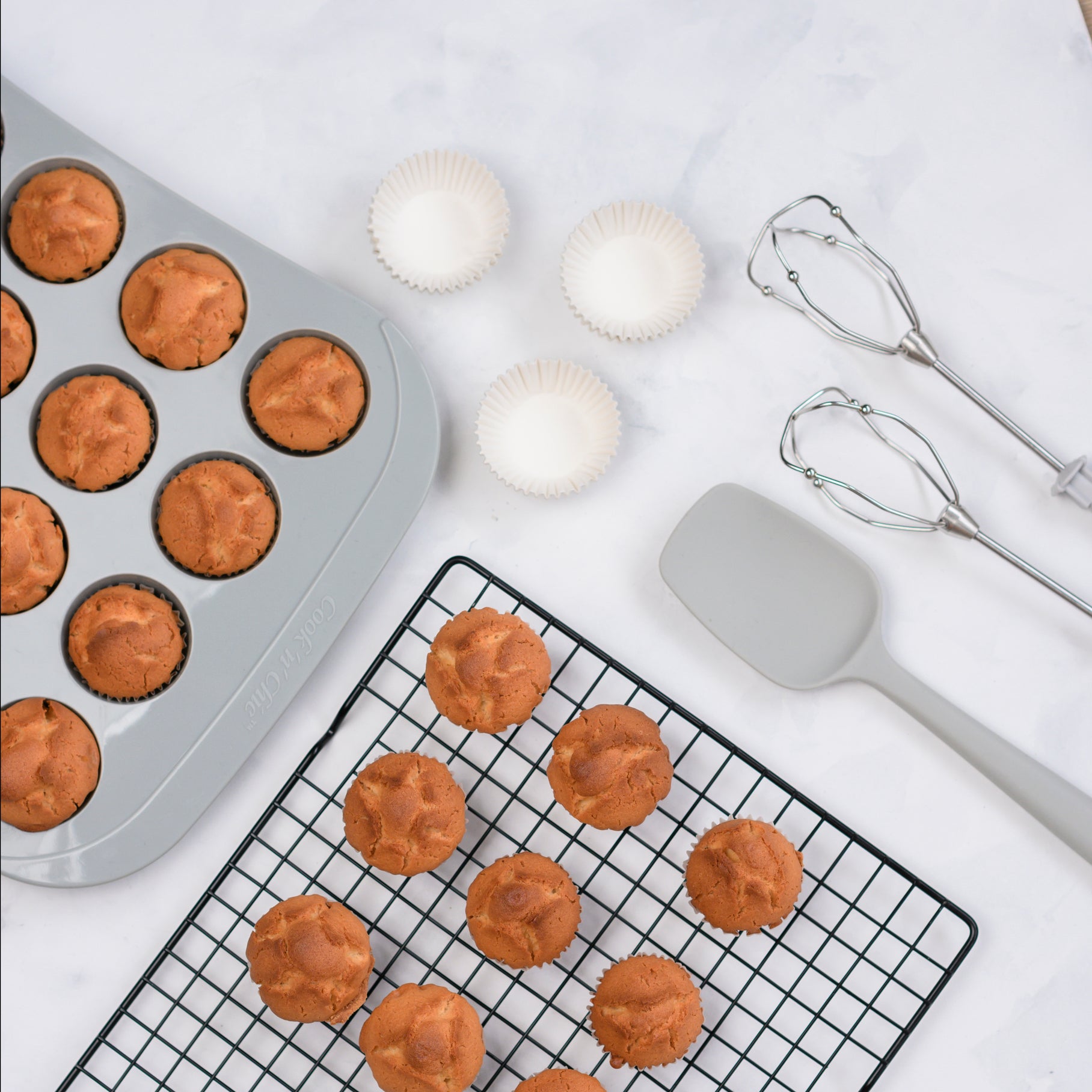 cook 'n' chic premium professional non-stick reusable quick release easy to clean eco friendly silicone cupcake muffin pan and cooking set utensils made of genuine siliconePRIME and strong steel metal inner core