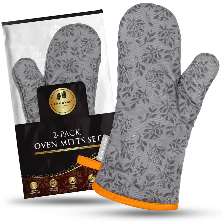 Premium Oven Mitts Set - 500F Heat Resistant - Non Slip Textured Silicone Grip - Cotton Kitchen Gloves for Baking and Cooking - Soft Terry Cloth